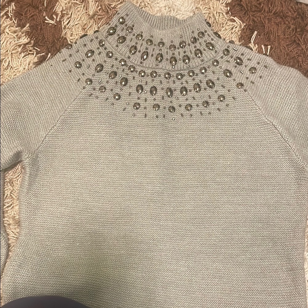 New York & Company Gray Turtleneck Sweater with Embellishments